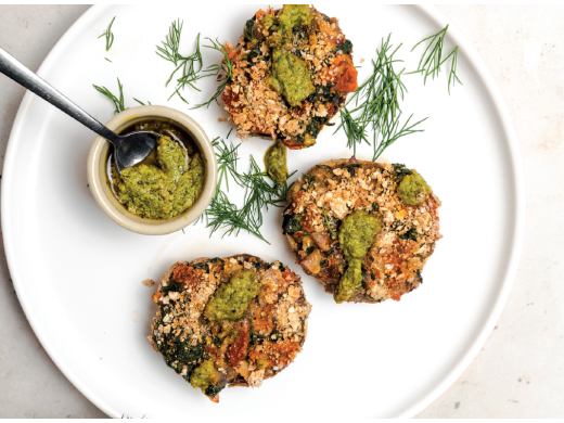 Champignons farcis, pesto d’épinards